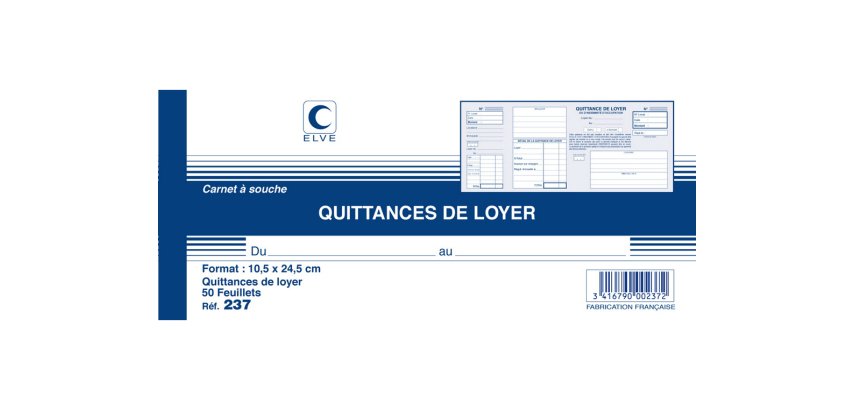 Carnet à souche elve quittances loyer 10,5x24,5cm 50 feuillets 70g papier chèque amagnétique