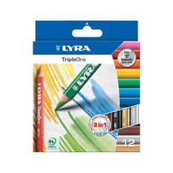 Crayon couleur lyra triple one 3en1 triangulaire aquarellable 120mm craie grasse mine 6.25mm diamètre étui carton 12u