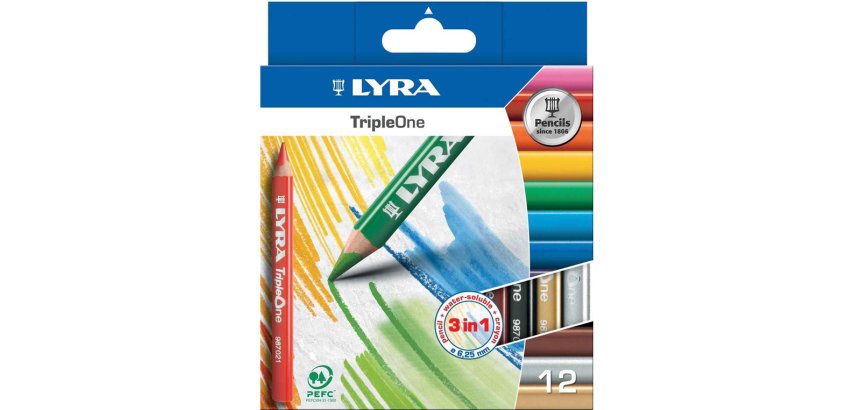 Crayon couleur lyra triple one 3en1 triangulaire aquarellable 120mm craie grasse mine 6.25mm diamètre étui carton 12u