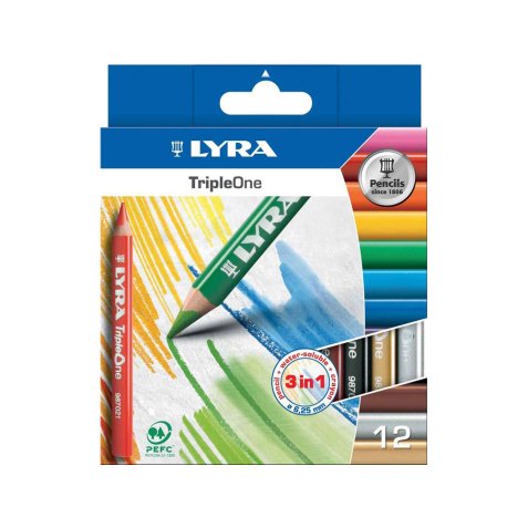 Crayon couleur lyra triple one 3en1 triangulaire aquarellable 120mm craie grasse mine 6.25mm diamètre étui carton 12u