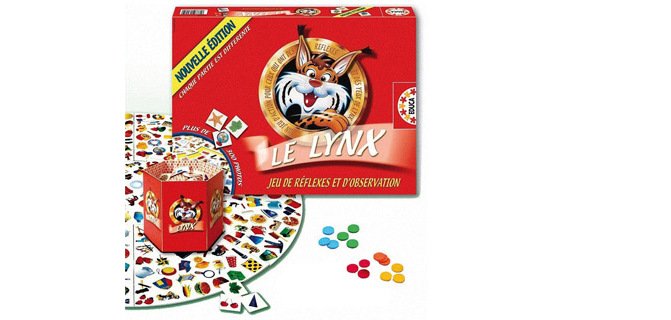 Jeu le lynx contient 1 plateau circulaire 9 pièces 400 cartes d'images 18 jetons 6 coloris 1/6 joueurs
