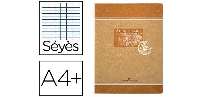 Cahier piqué conquérant sept papier recyclé encre offset base végétale a4+ 24x32cm 96 pages 70g séyès