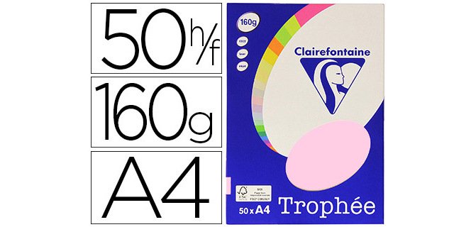 Papier couleur clairefontaine trophée personal paper pack a4 160g/m2 rose pastel paquet 50 feuilles unicolores