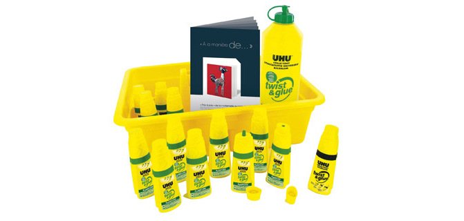 Colle uhu twist&glue extra forte transparente multi-matériaux coffret scolaire 12 flacons pleins+1 recharge