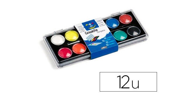 Gouache pébéo pastille 30mm diamètre boîte 12 coloris + 1 pinceau