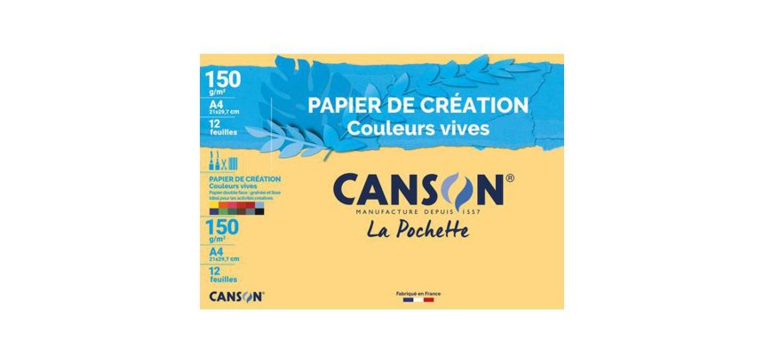 Pochette 12 feuilles papier couleurs vives assorties Canson Création 21 x 29,7 cm, 150 g