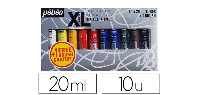 Huile fine pébéo xl 10 tubes assortis 20ml + 1 brosse soie beau blanc offerte