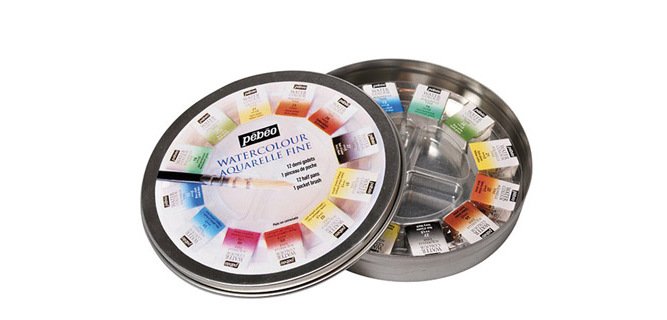 Aquarelle pébéo 1 pinceau aquarelle boîte en métal ronde 12 demi-godets
