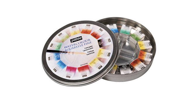 Aquarelle pébéo 1 pinceau aquarelle boîte en métal ronde 12 demi-godets