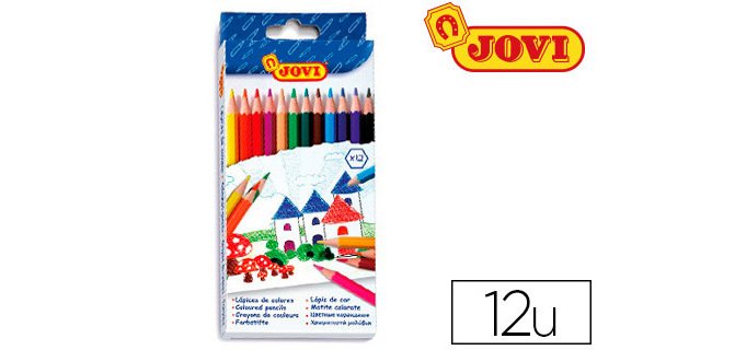 Crayon couleur jovi bois hexagonal 175mm mine 7.5mm couleurs vives étui carton 12 unités
