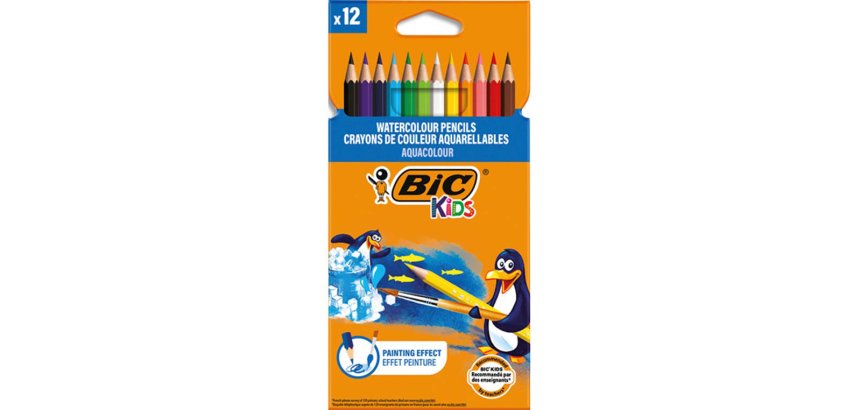 Crayon bic kids aquacouleur hexagonal mine aquarelle très pigmentée effet peinture aquarelle couleurs vives étui 12u