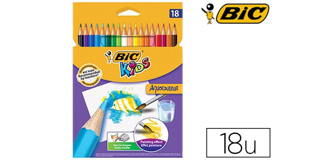 Crayon bic kids aquacouleur hexagonal mine aquarelle tres pigmentee effet peinture aquarelle couleurs vives etui 18 uni