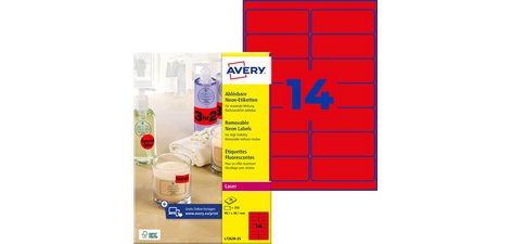Avery neon ablösbare Etiketten ft 210 x 297 mm (B x H), Box mit 25 Blatt, 25 Stück, neonrot