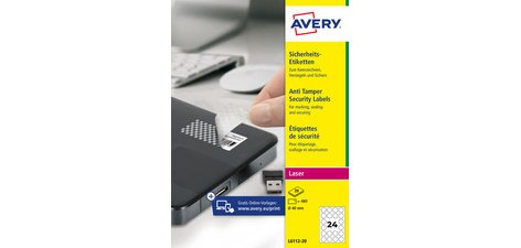 Avery Sicherheitsaufkleber, 40 mm Durchmesser, 480 Stück, 24 pro Blatt, Schachtel mit 20 Blättern