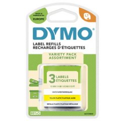 Dymo LetraTAG ruban 12 mm, set 3 ruban: 1 x papier blanc, 1 x plastique jaune et 1 x metallic argent
