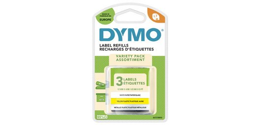 Dymo LetraTAG ruban 12 mm, set 3 ruban: 1 x papier blanc, 1 x plastique jaune et 1 x metallic argent