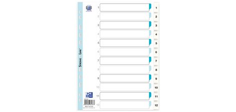 Intercalaires en plastique, chiffres, A4, 12 touches