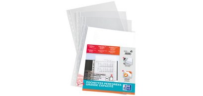 Pochettes perforées Oxford A4 polypropylène lisse 14/100e grande capacité - Sachet de 10
