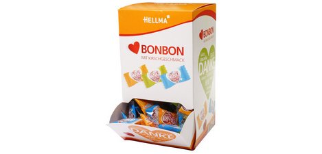 Heart-shaped candies, in a cardboard display