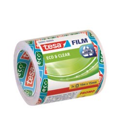 Eco & Clear Plakband, 15 mm x 10 m, transparant, per 3 rollen