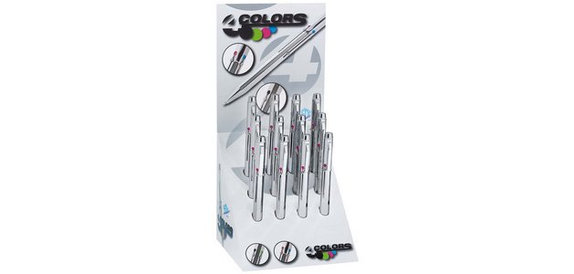 Stylo à bille 4 couleurs, rétractable, présentoir