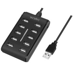 Hub USB 2.0, 10 ports, avec interrupteur, noir