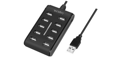 Hub USB 2.0, 10 ports, avec interrupteur, noir