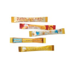 Sticks de sucre roux, dans un présentoir en carton