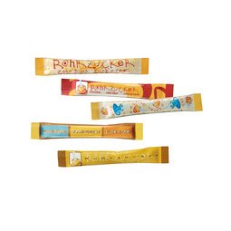 Sticks de sucre roux, dans un présentoir en carton