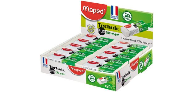 Technic 600 Green Plastic Eraser, display of 20