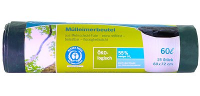 Sac poubelle, 60 litres, sans fermeture, vert/noir
