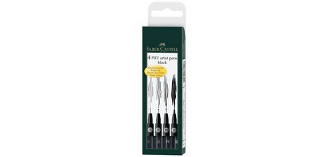FABER-CASTELL PITT Artist Pen, Etui mit 4 Stiften, Schwarz
