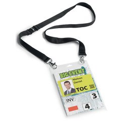 Badge évènementiel, avec ruban en tissu, A6, noir