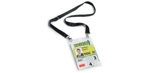 Badge évènementiel, avec ruban en tissu, A6, noir