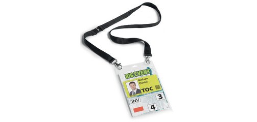Badge évènementiel, avec ruban en tissu, A6, noir