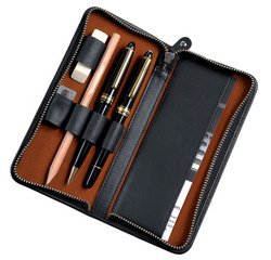 Etui voor 3 pennen, leer, zwart