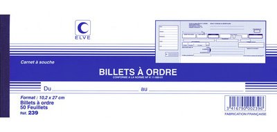 Carnet à souche 'Billets à ordre', 102 x 270 mm