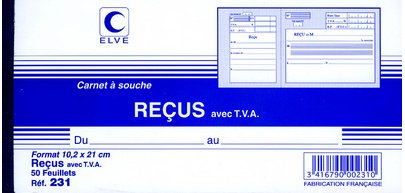 Carnet à souche 'Reçu avec TVA', 96 x 210 mm