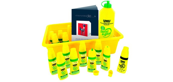 Colle uhu twist&glue extra forte transparente multi-matériaux coffret scolaire 12 flacons pleins+1 recharge