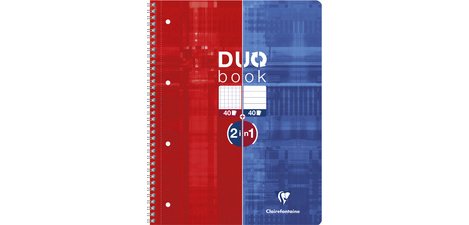 Duo Book cahier reliure intégrale A4+ 80 pages petits carreaux + 80 pages lignées détachables perforé 4 trous Rouge/Bleu - Bleu/rouge