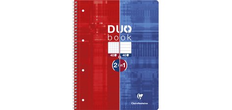 Duo Book cahier reliure intégrale A4+ 80 pages petits carreaux + 80 pages lignées détachables perforé 4 trous Rouge/Bleu - Bleu/rouge