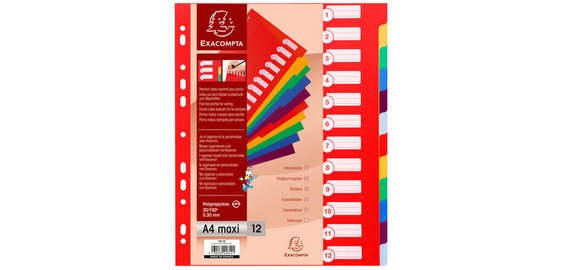 Dividers PP A4+ 0.3mm 12 Part - Assorted colours