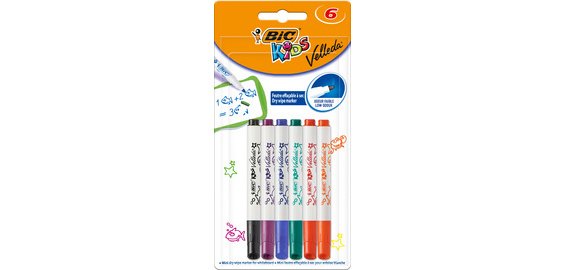 Marqueur effaçable Bic Kids Velleda Mini pointe ogive 1,2 mm - Pochette de 6 couleurs assorties