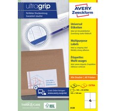 Avery Zweckform 6120, Universele etiketten, Ultragrip, wit, 25+5 vel,  4 per vel, 105 x 148 mm