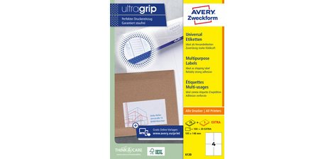 Avery Zweckform 6121, Universele etiketten, Ultragrip, wit, 25+5 vel, 65 per vel, 38 x 212 mm