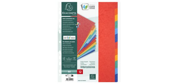 Intercalaire A4+ carte lustrée colorée Exacompta 12 onglets neutres - Coloris assortis - 1 jeu