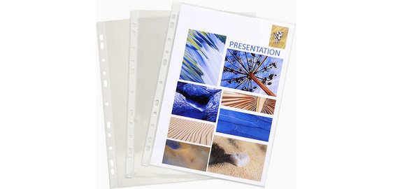 Packung mit 100 Prospekthüllen gelocht aus glattem PVC 80µ, für Format DIN A4 hoch - Kristall
