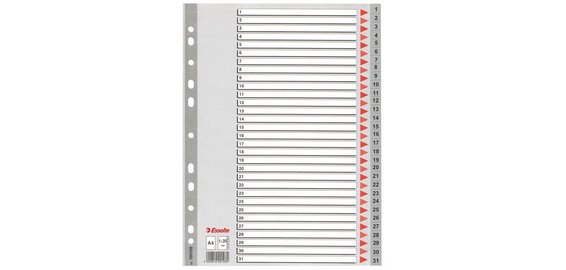 Intercalaires en plastique, numérique, A4, 1-31,gris