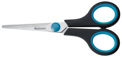 Westcott Schere Softgrip, 14 cm, rechts und links, spitze Enden, Edelstahl, blau/schwarz, Blisterpackung mit 1 Stück