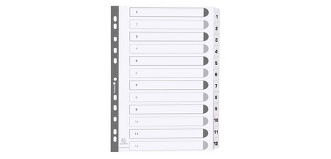 Intercalaires imprimés à touches plastifiées - 12 touches 1 à 12 - A4 - Blanc